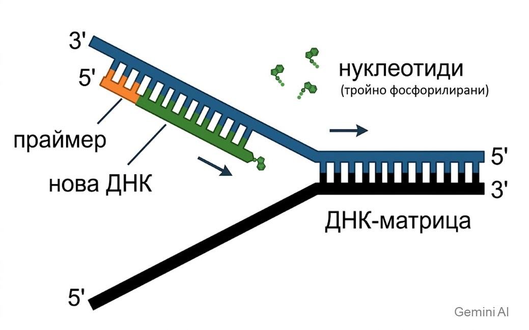 New strand growing 5' to 3' from a primer on a DNA template strand, with free triphosphate nucleotides waiting to be added, labelled primer, new DNA and DNA template