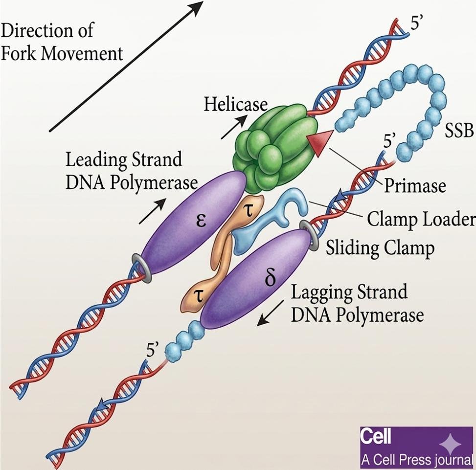 Replication fork machine with the green hexameric helicase at the fork ahead of the leading and lagging strand DNA polymerases, primase and single strand binding proteins on the unwound strand