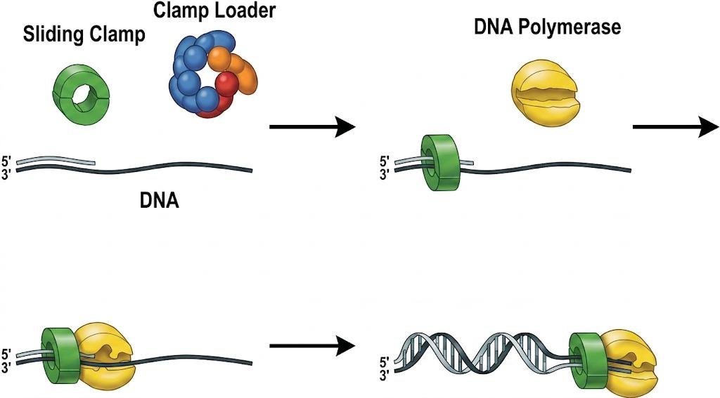 Sliding clamp loading cycle: the clamp loader opens the ring-shaped sliding clamp onto DNA, then DNA polymerase docks onto the clamp so it stays tethered to the template as it synthesises