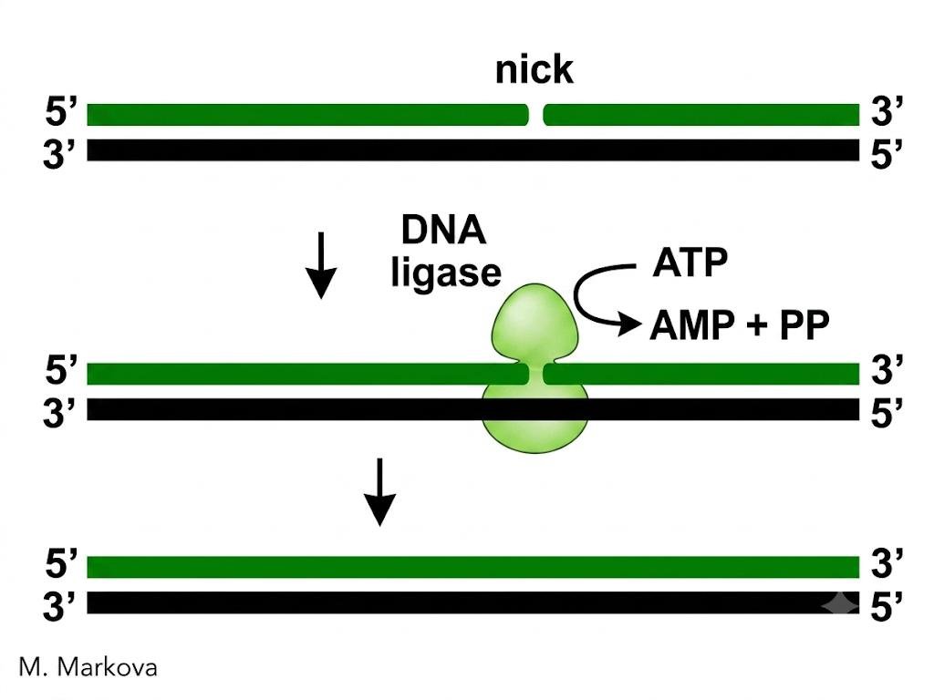 DNA ligase sealing a single-strand nick using energy from ATP, releasing AMP and pyrophosphate as the two ends are joined into one continuous strand
