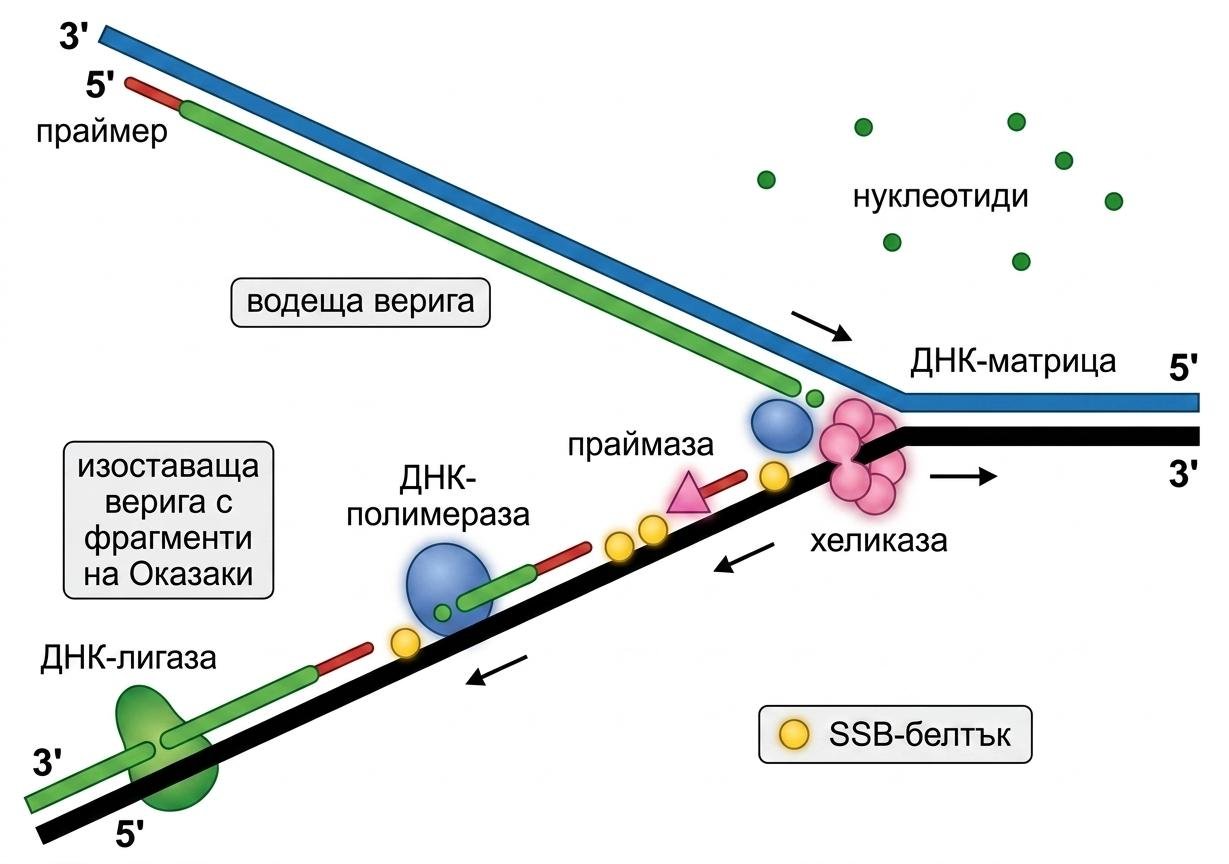 Labelled replication fork: leading strand grows continuously toward the DNA template opened by helicase, while the lagging strand is made as Okazaki fragments by primase, DNA polymerase, SSB protein and DNA ligase