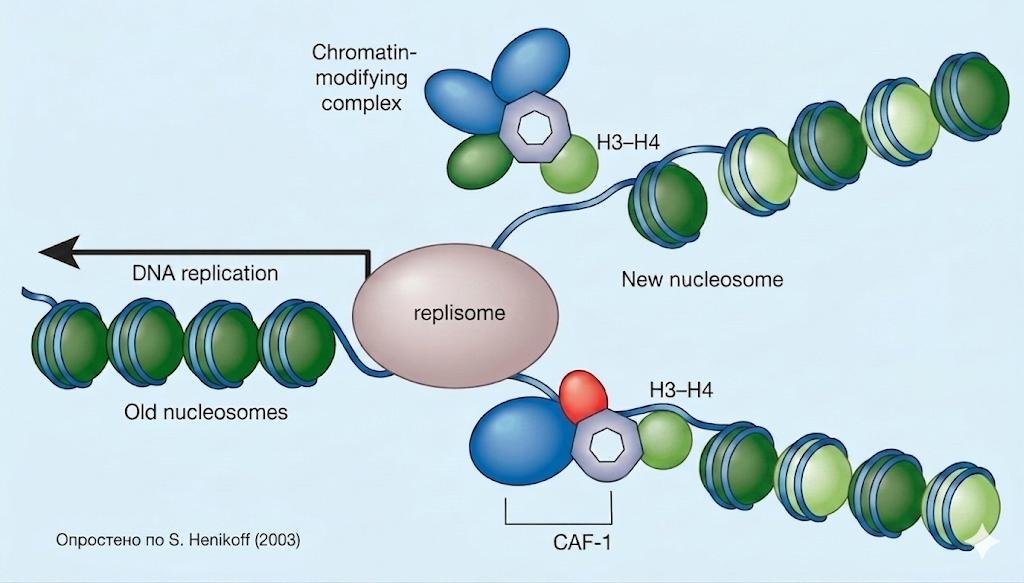 As the replisome passes, old nucleosomes stay on one daughter strand while a chromatin-modifying complex and CAF-1 assemble new nucleosomes from H3-H4 histones on both new DNA strands