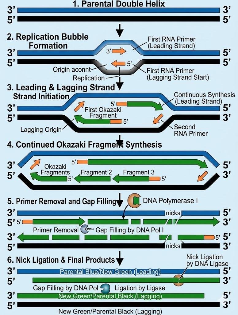 Six-step replication cycle: parental double helix opens into a bubble with first RNA primers, leading and lagging strands begin, further Okazaki fragments form, primers are removed and gaps filled by DNA polymerase I, then nicks are sealed by ligase