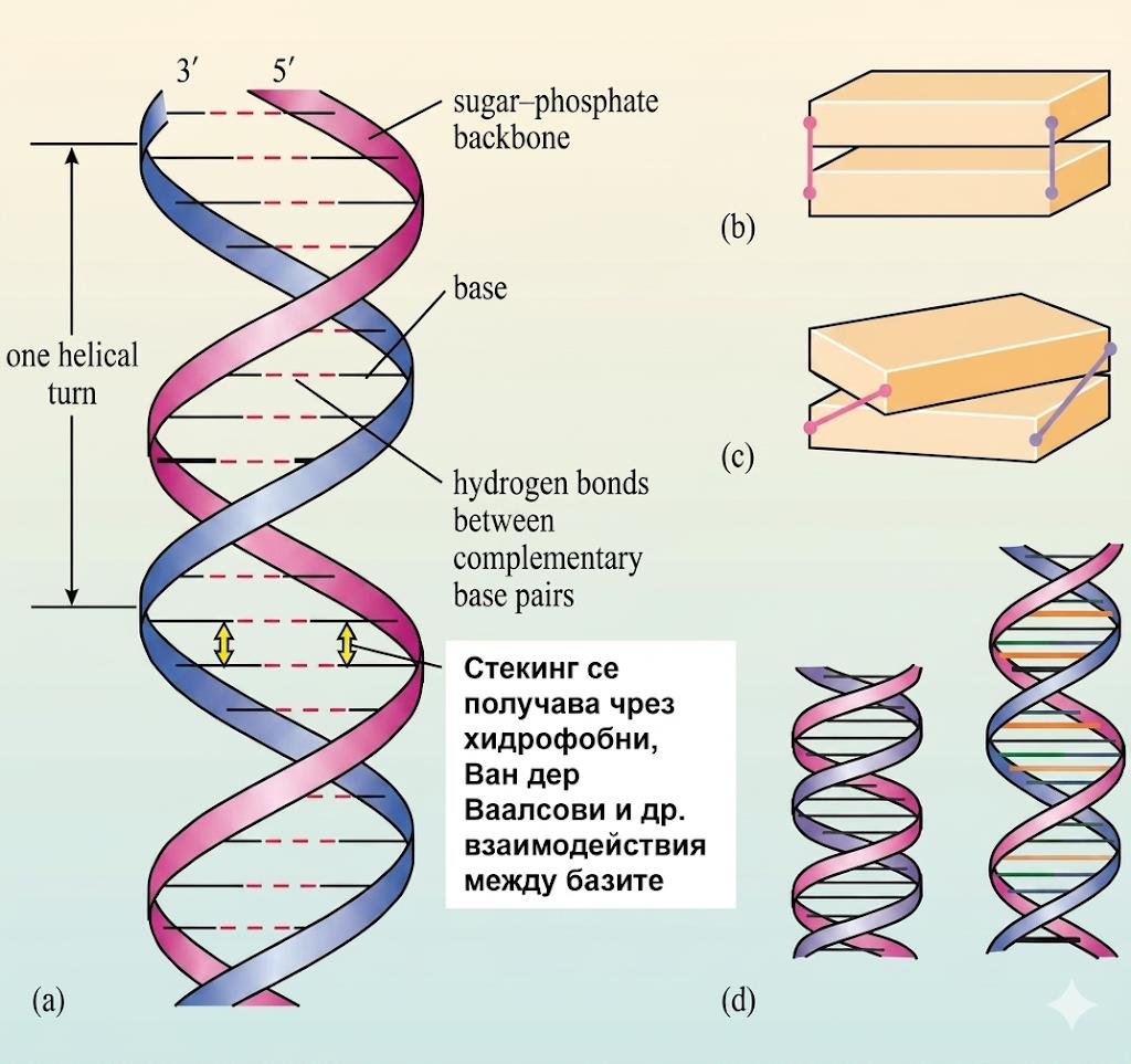 Double helix diagram: two sugar-phosphate backbones (pink, blue) linked by horizontal base pairs joined by hydrogen bonds, with 5' and 3' ends and one helical turn marked