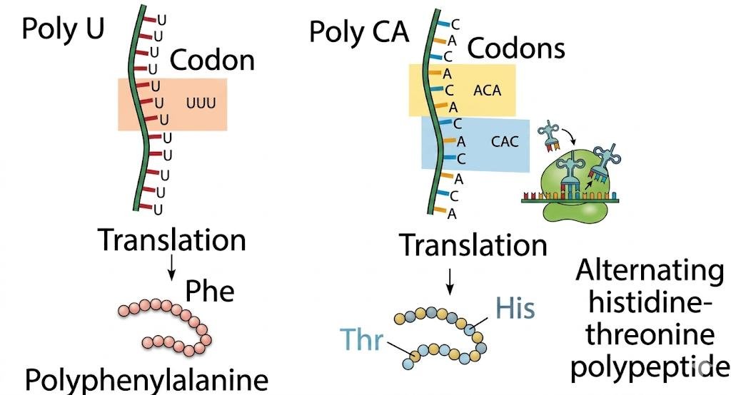 Nirenberg-type decoding experiment: a synthetic poly-U RNA with codon UUU translates into polyphenylalanine (Phe), while a poly-CA RNA with alternating ACA and CAC codons translates into an alternating threonine-histidine polypeptide