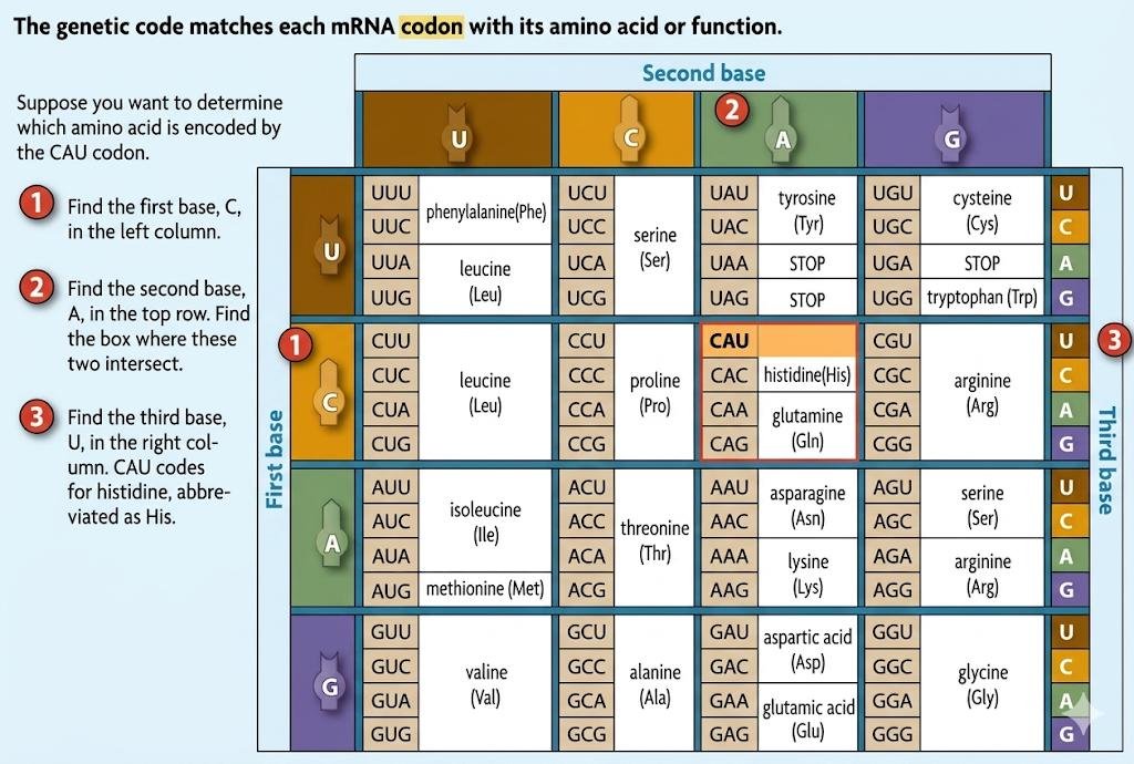 Standard genetic code table: 64 codons grouped by first, second and third base, giving each amino acid (for example AUG for methionine) or the UAA, UAG and UGA stop codons