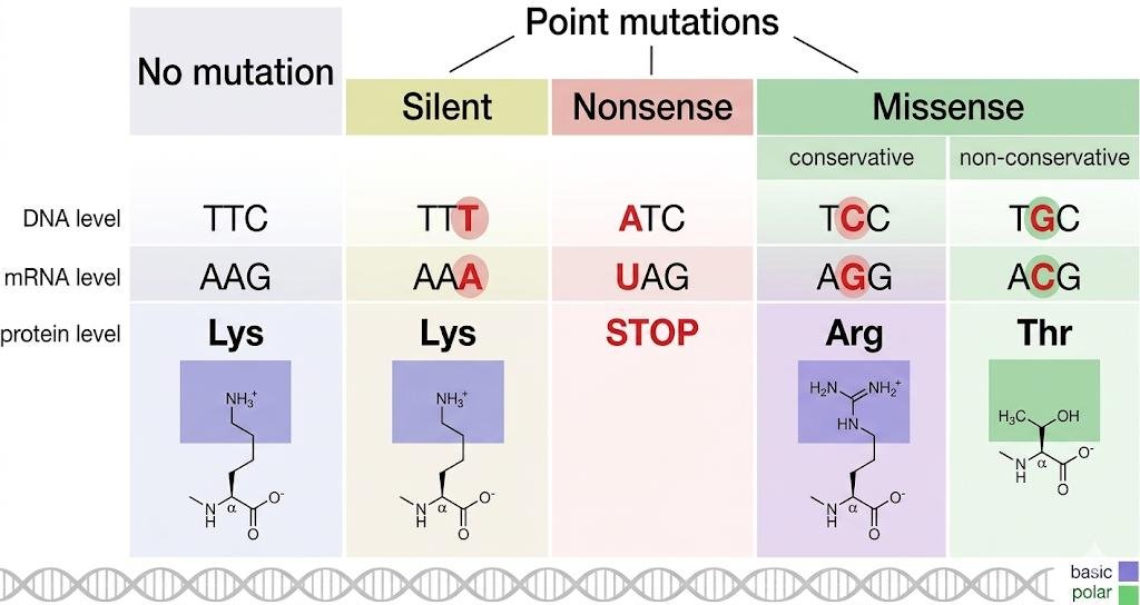 Point mutation types compared at DNA, mRNA and protein level: no mutation (Lys), silent (still Lys), nonsense (STOP), and missense, conservative (Arg) or non-conservative (Thr), each with the amino acid's side chain drawn