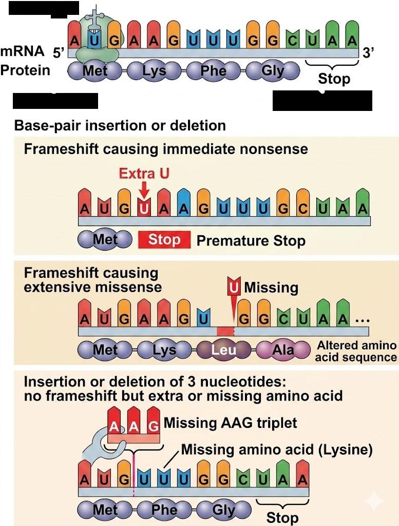 Frameshift diagrams showing how inserting or deleting a nucleotide shifts every downstream codon, changing which stop codon is met (immediate nonsense or extensive missense), illustrating how a different division into triplets changes the reading frame's meaning