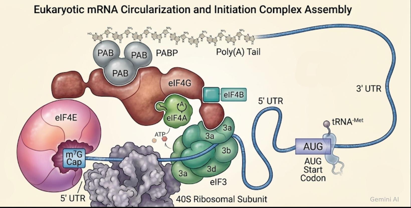 Eukaryotic mRNA circularisation and initiation complex assembly: eIF4E binds the m7G cap, eIF4G scaffolds eIF4A, eIF4B and PABP bound to the poly(A) tail, bringing the tail to the 40S ribosomal subunit (with eIF3) which is positioned near the 5' UTR and AUG start codon carrying the initiator tRNA-Met