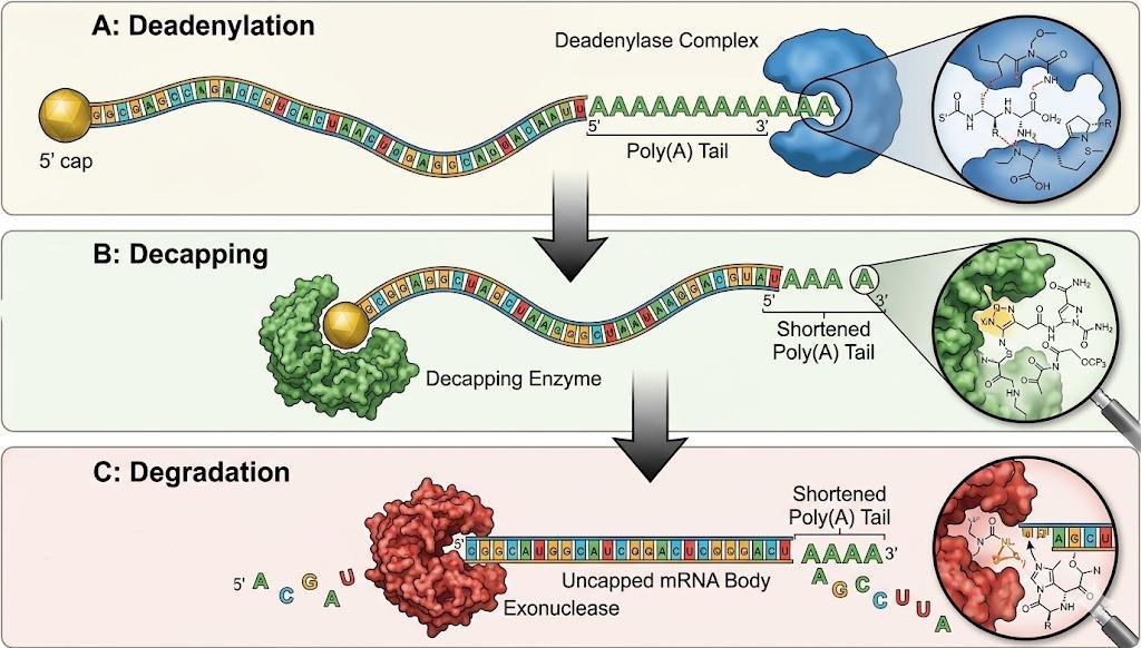 mRNA degradation pathway: a deadenylase complex shortens the poly(A) tail (deadenylation), a decapping enzyme then removes the 5' cap (decapping), and an exonuclease degrades the uncapped mRNA body with its shortened tail (degradation)