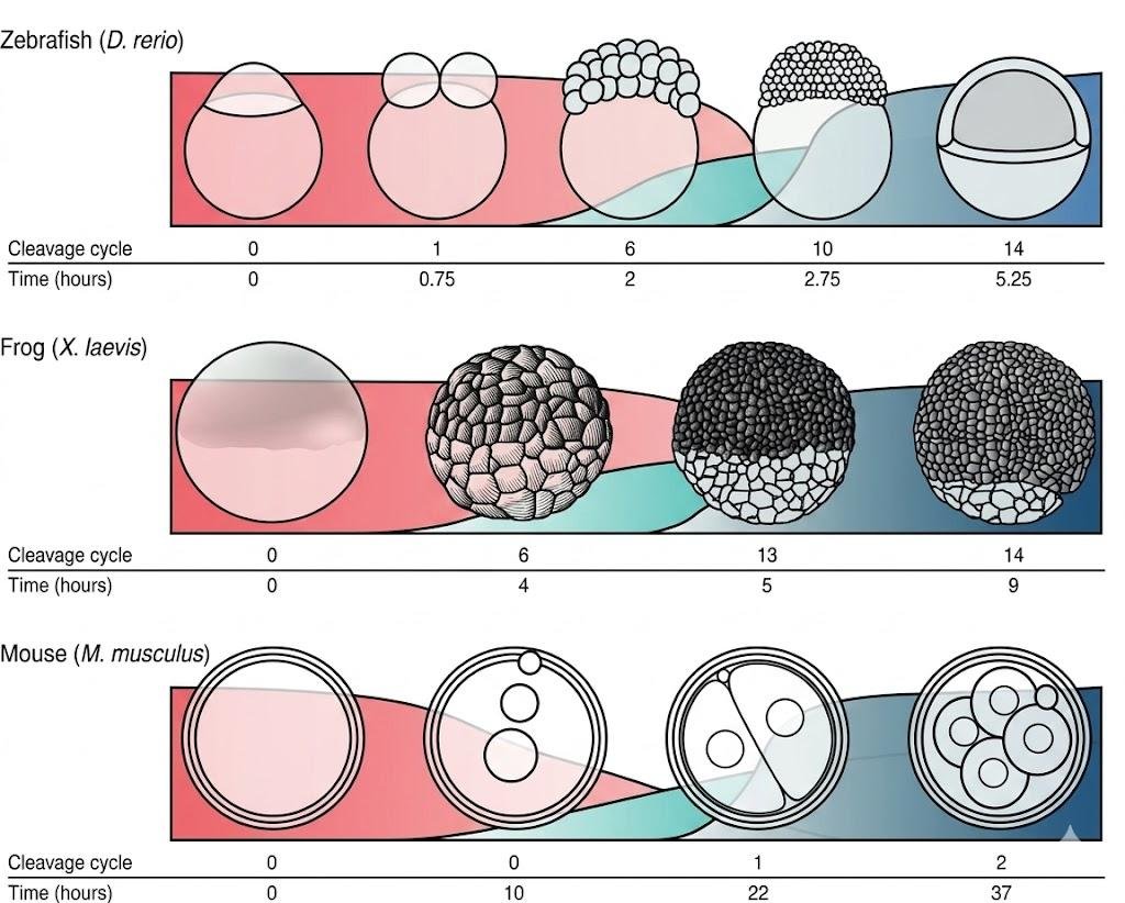 Cleavage-stage embryos of zebrafish, frog and mouse plotted over time, with a colour gradient from maternal mRNA-only translation (pink) through the maternal-to-zygotic transition (teal) to zygotic gene expression (blue) at each species' own cleavage cycle and timing