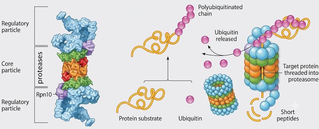 26S proteasome with core and regulatory particles containing proteases; a polyubiquitinated protein has its chain removed, ubiquitin released, and the target protein threaded into the proteasome and cut into short peptides