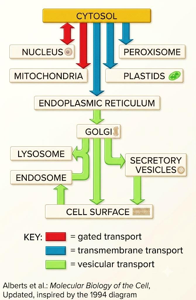 Destinations from the cytosol with a colour key: red for gated transport to the nucleus, blue for transmembrane transport to mitochondria, peroxisomes, plastids and the ER, green for vesicular transport via the Golgi to lysosomes, endosomes, secretory vesicles and cell surface