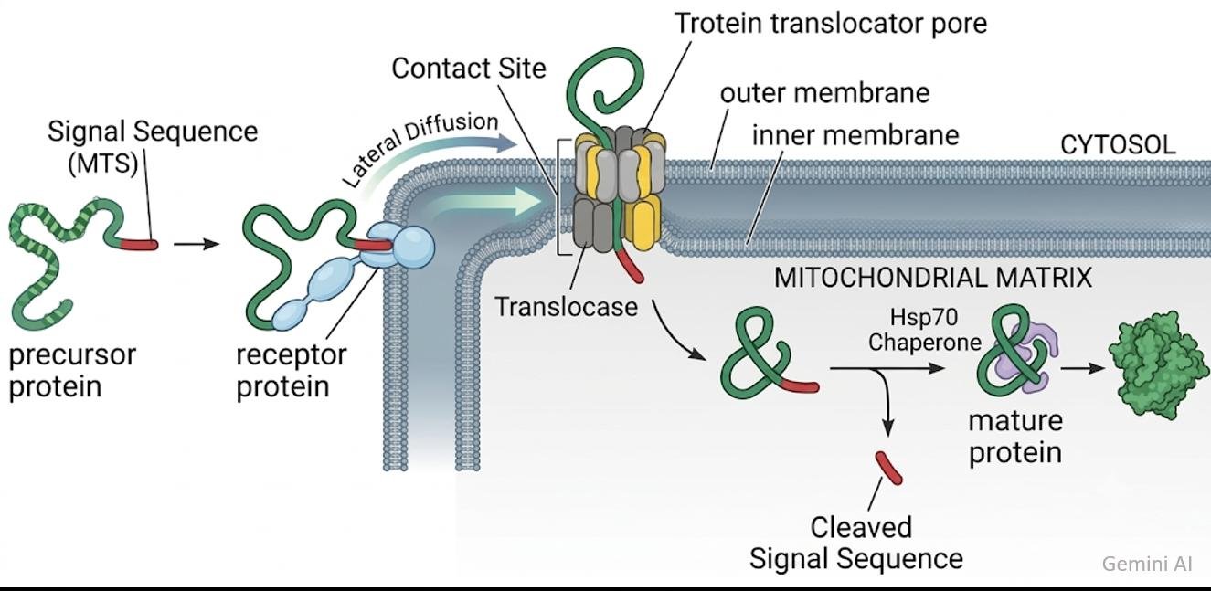 Mitochondrial protein import: the N-terminal signal sequence is bound by a receptor protein, the precursor is pushed through the outer and inner membrane translocator pore at a contact site, and Hsp70 chaperone folds it to a mature protein after the signal sequence is cleaved