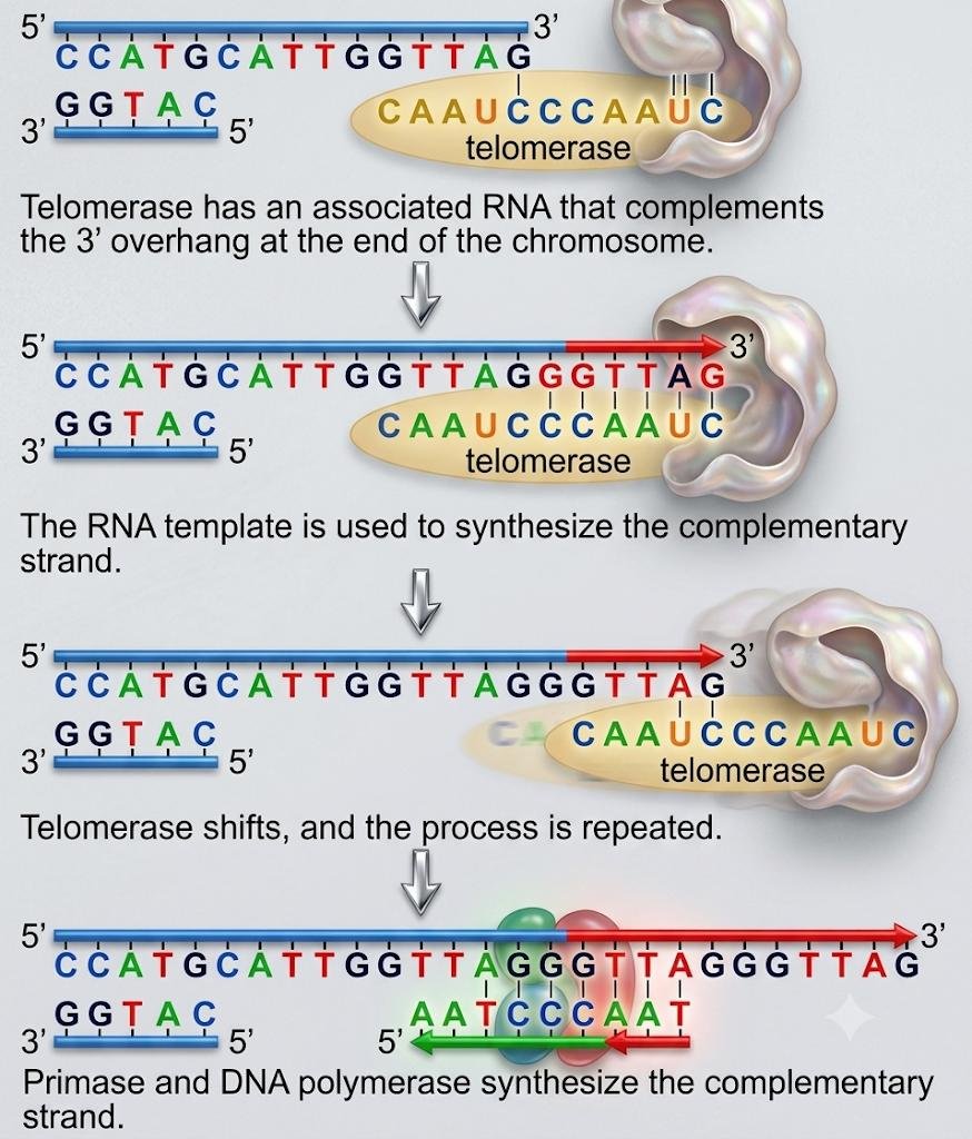 Telomerase mechanism: its RNA template pairs with the chromosome's 3' overhang, synthesises a complementary repeat, shifts along and repeats, after which primase and DNA polymerase finish the lagging strand