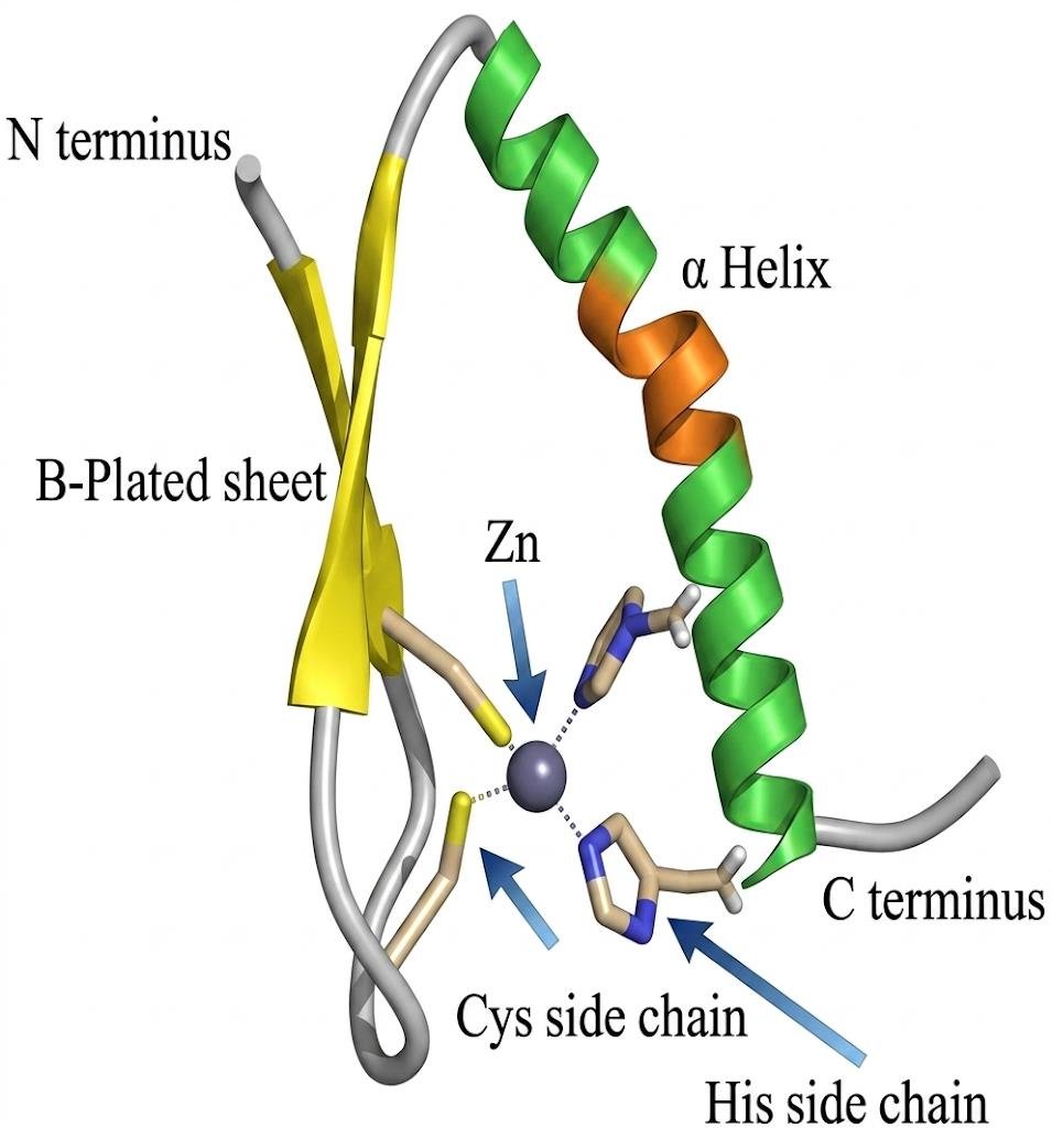 Structure of a single zinc finger labelled N terminus, beta-pleated sheet, alpha helix and C terminus, with a zinc ion coordinated by a Cys side chain and a His side chain