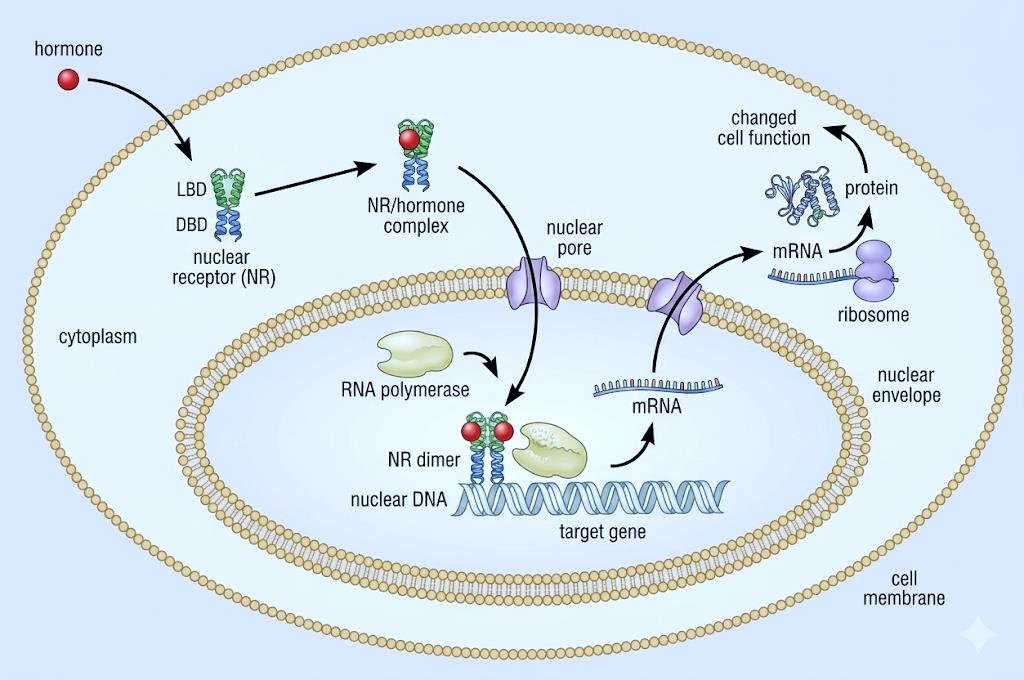 Diagram of steroid hormone action: hormone binds the nuclear receptor's ligand-binding domain (LBD), the receptor dimer's DNA-binding domain (DBD) binds nuclear DNA at the target gene, and the resulting mRNA is translated into protein that changes cell function