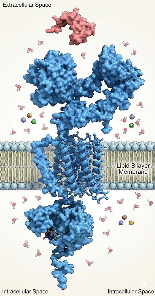 Model of the EGF receptor spanning a lipid bilayer, with the ligand-binding extracellular domains above the membrane, the transmembrane helix crossing it, and the signal-transducing intracellular domain below