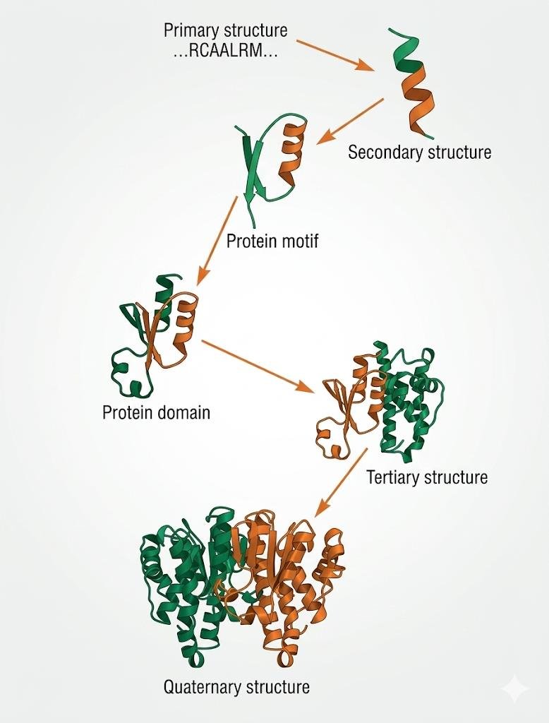 Diagram of the structural hierarchy: primary sequence, secondary structure, protein motif, protein domain, tertiary structure and quaternary structure, each shown as a ribbon model