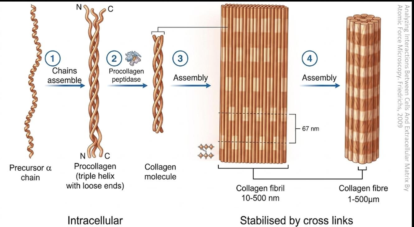 Self-assembly of a collagen fibre: precursor alpha chain, procollagen triple helix, collagen molecule, then collagen fibril and collagen fibre stabilised by cross links