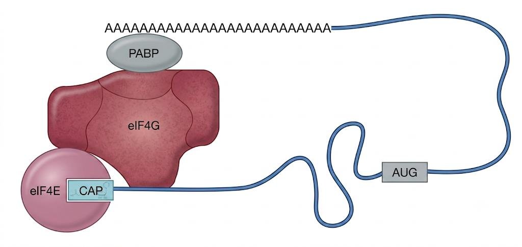 Circularisation of an mRNA being translated: PABP on the poly(A) tail binds eIF4G, which binds the cap-binding protein eIF4E at the 5' cap, bringing the cap and tail together near the AUG start codon
